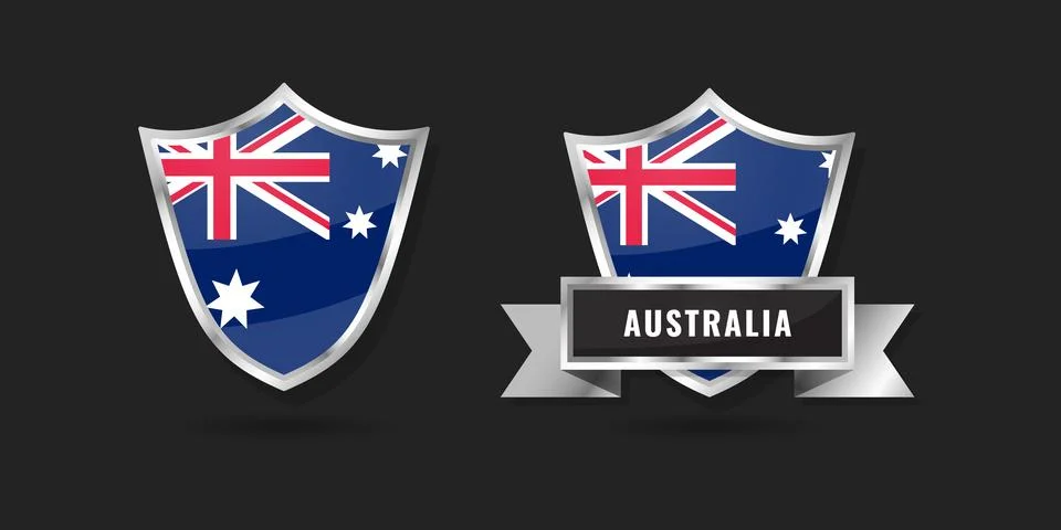 Australia Flag Shield Emblem Set, Commonwealth of Australia Glossy Silver B.. Stock Illustration