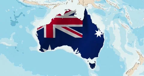 The australia flag waving inside the country on a world map Stock Footage 339033141