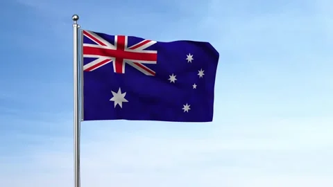 Australia flag waving in the wind against bright blue sky background Stock Footage 314434411