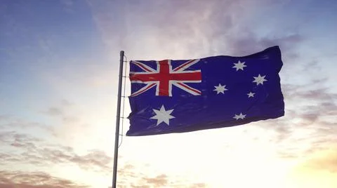 Australia Flag waving in the wind, dramatic sky background. 3d illustration 스톡 일러스트