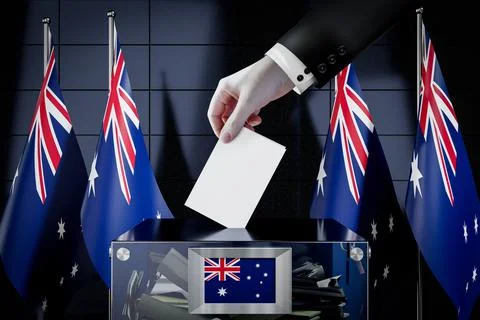 Australia flags, hand dropping ballot card into a box Stock Illustration