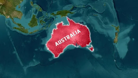Australia highlighted red on animated world map with flag video footage Stock Footage 342435224