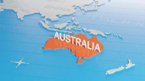 Australia highlighted on a white simplified 3D world map. Digital 3D render. イラスト素材