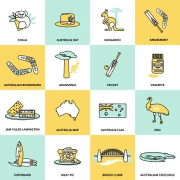 Australia Icons Set Flat Line Illustrazione stock