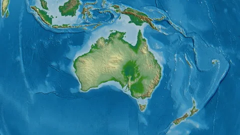 Australia localized and zoomed on the globe. Bevel. Colored physical map. Vídeos de archivo 254510547