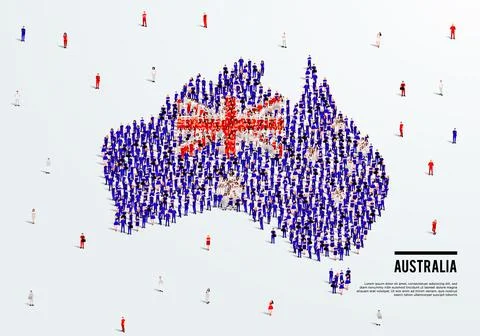 Australia Map and Flag. A large group of people in Australian flag color. Stock Illustration