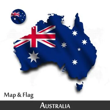 Australia map and flag . Waving textile design . Dot world map background . V Stock Illustration