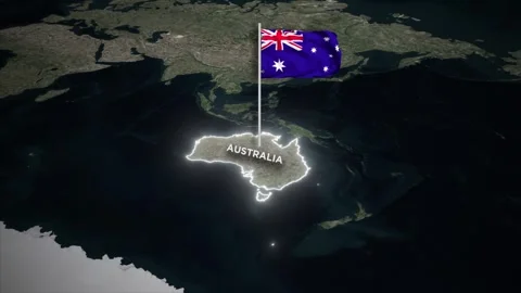 Australia Map Animation, 3D Waving of National Flag, Glowing Border on World Map Stock Footage 334800567