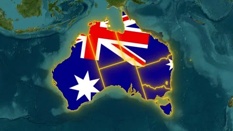 Australia map animation with national flag texture overlay and glowing stat.. Stock Footage 335923159