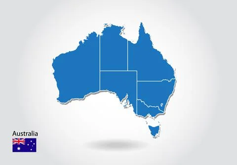 Australia map design with 3D style. Blue australia map and National flag. Sim 스톡 일러스트
