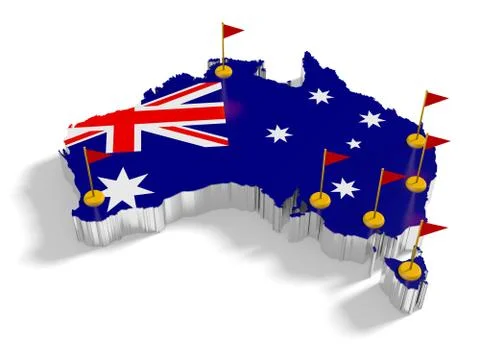 Australia map with flags on the flagpoles showing the major cities. Stock Illustration