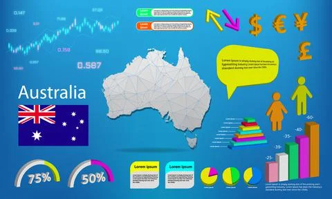 Australia map info graphics - charts, symbols, elements and icons collection. Illustrazione stock