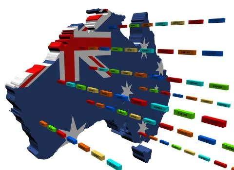 Australia map with lines of export containers illustration Stock Illustration