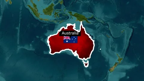 Australia map with national flag. Red continent highlighting Oceania region. Stock Footage 340314065