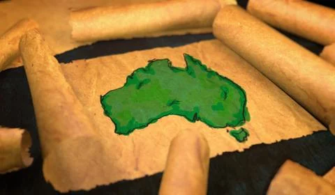 Australia Map Painting Unfolding Old Paper Scroll 3D 스톡 일러스트