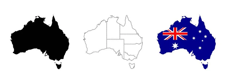 Australia map silhouette. Solid black, dotted state borders and national fl.. Stock Illustration