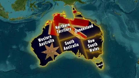 Australia map zoom animation with flag overlay revealing state names and bo.. Stock Footage 335923161