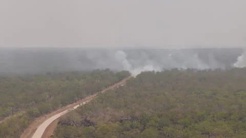 Australia Outback Bush Fire - Smoke &amp; Flames Burning - Aerial drone flight Stock Footage 263334853