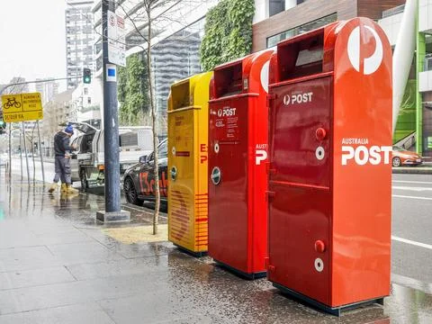Australia Post mail boxes along Bourke Street, Docklands Stock Photos
