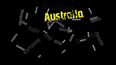 Australia Word Cloud Animation Gold Letter Black Background Stockbeeldmateriaal 89034449
