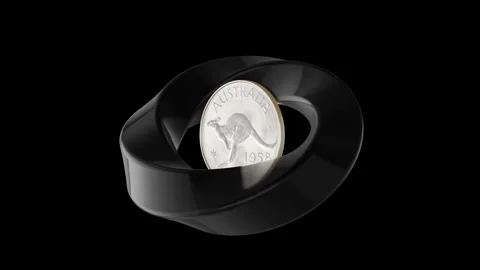 Australian 1 Penny coin embedded within a black spiral ring, Stock Footage 317955624