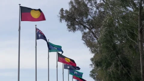 Australian, Aboriginal and Torres Strait Islander Flags Flying in the Wind Stock Footage 316370927