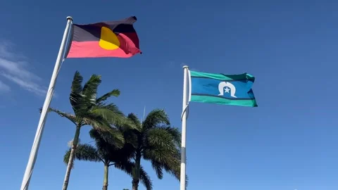 Australian aboriginal flag and Torres Strait island flag fly together Stock Footage 254650409