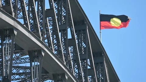 Australian Aboriginal flag on Sydney Harbour Bridge Sydney NSW Australia Stock Footage 328199536