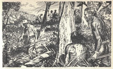 Australian Aborigines watching white people. Australian Aborigines in the f.. Illustrazione stock