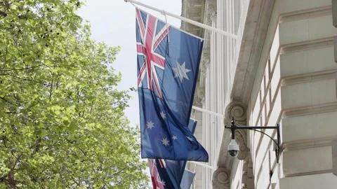 Australian and British flags outside Australia House in London Stock Footage 345298897