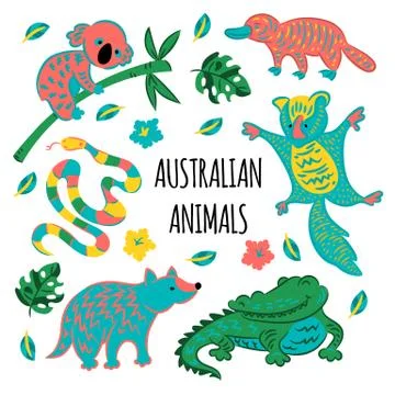 AUSTRALIAN ANIMALS Cartoon Forest Vector Illustration Set Stock-Illustration