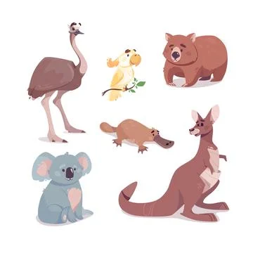 Australian animals vector set. Kangaroo, koala, wombat, emu, cockatoo, platypus Illustrazione stock