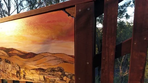 Australian Artwork on Display Revealing Trees and Hills Stock Footage 78216341
