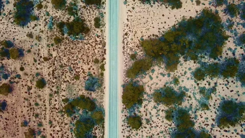 Australian desert with dirt path at sunset, Western Australia. Aerial backward t Stock Footage 294619044