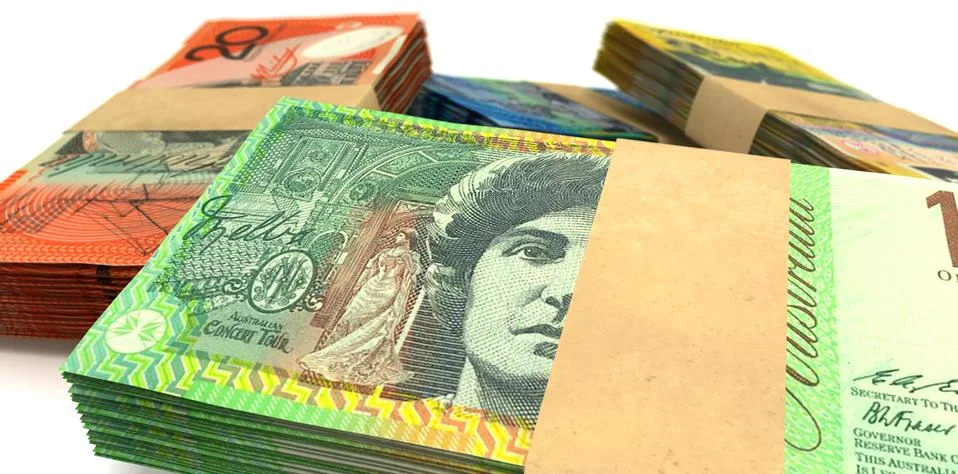 Australian dollar notes bundles stack extreme closeup Stock Illustration