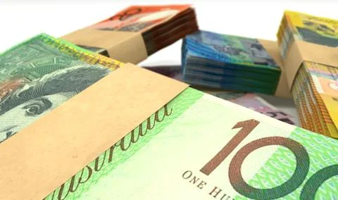 Australian dollar notes bundles stack extreme closeup Stock Illustration