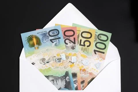 Australian dollar in a white envelope Stock Photos
