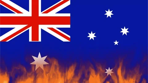 Australian Flag Background with Burning Fire and Orange Flames Stock Footage 345209068