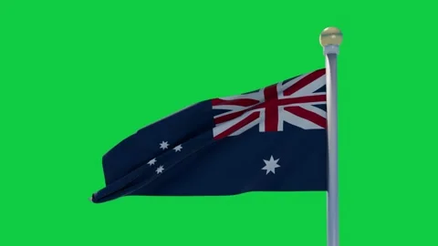 Australian flag catching gusts, billowing and folding to fly, showing wind on Stock Footage 337945495