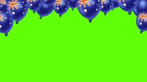 Australian flag helium balloons floating along top border against bright green Vídeo Stock 344142237