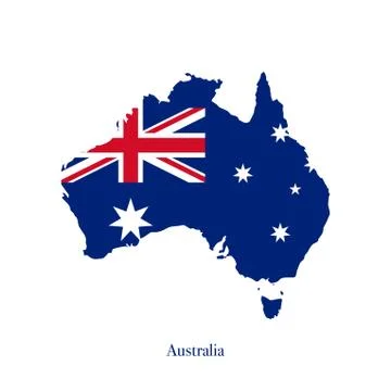 Australian flag on map of Australia isolated on white background. Vector Stock Illustration