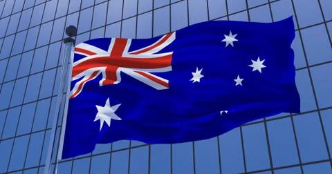 Australian flag on skyscraper building background. Business concept. 3d illus Ilustración de archivo