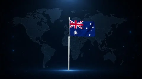 Australian flag waving on a pole against a digital world map. Stock Footage 340413992