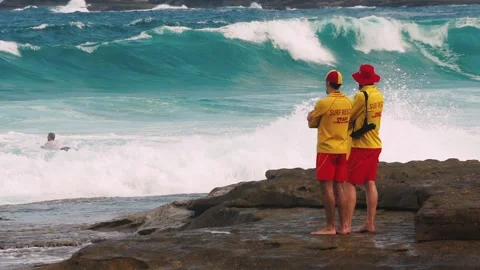 Australian lifeguards looking into big surf dangerous conditions Stock Footage 131069603
