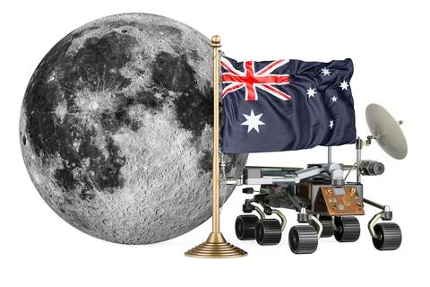 Australian Lunar Exploration Program. Planetary rover with Moon and Austral.. Stock Illustration