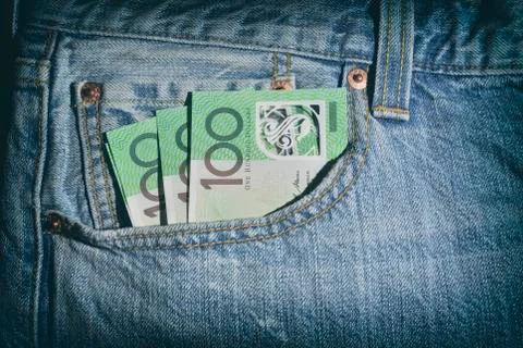 Australian One hundred dollars notes pocket jeans. Stock Photos