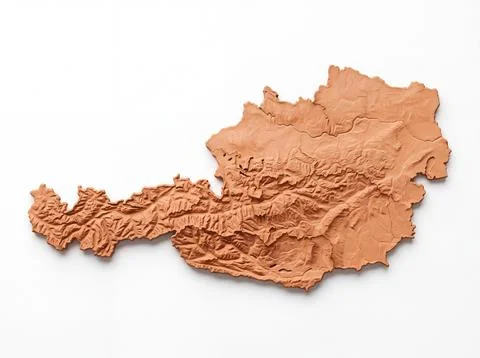 Austria 3d map geographic relief isolated on white background physical over.. Stock Photos