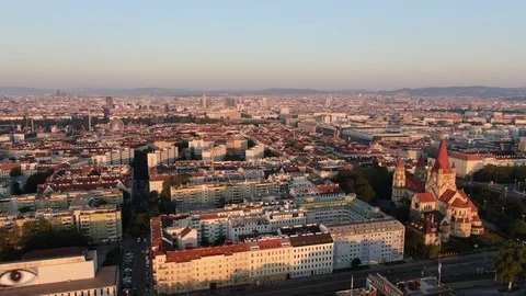 AUSTRIA: Aerial view of the city with St. Francis of Assisi Church Stock Footage 113268053