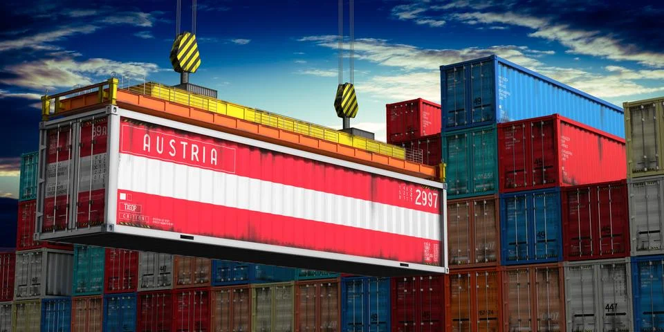 Austria - cargo container lifted by crane in terminal - international trade.. Stock Illustration