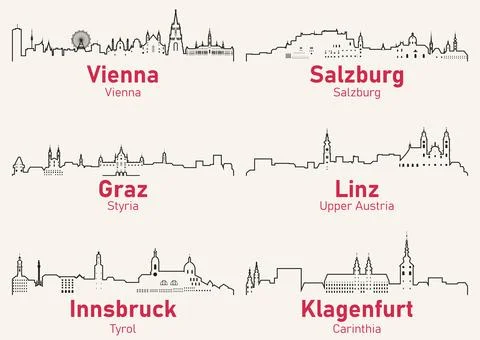 Austria cities outline skylines vector set Stock Illustration